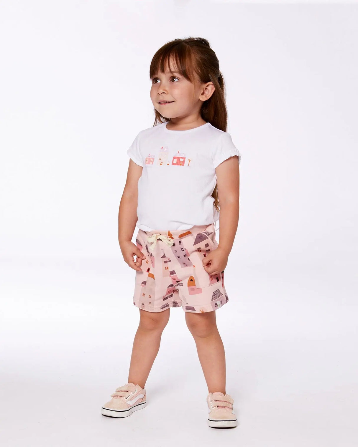 Flat Back Rib Top With Print White And Pink House | Deux par Deux | Jenni Kidz