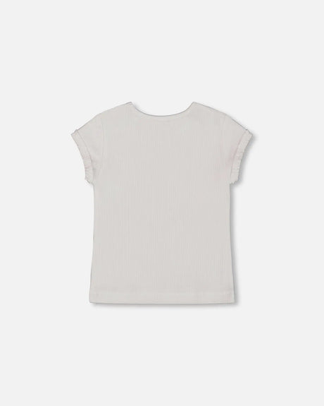 Flat Back Rib Top With Print White And Pink House | Deux par Deux | Jenni Kidz