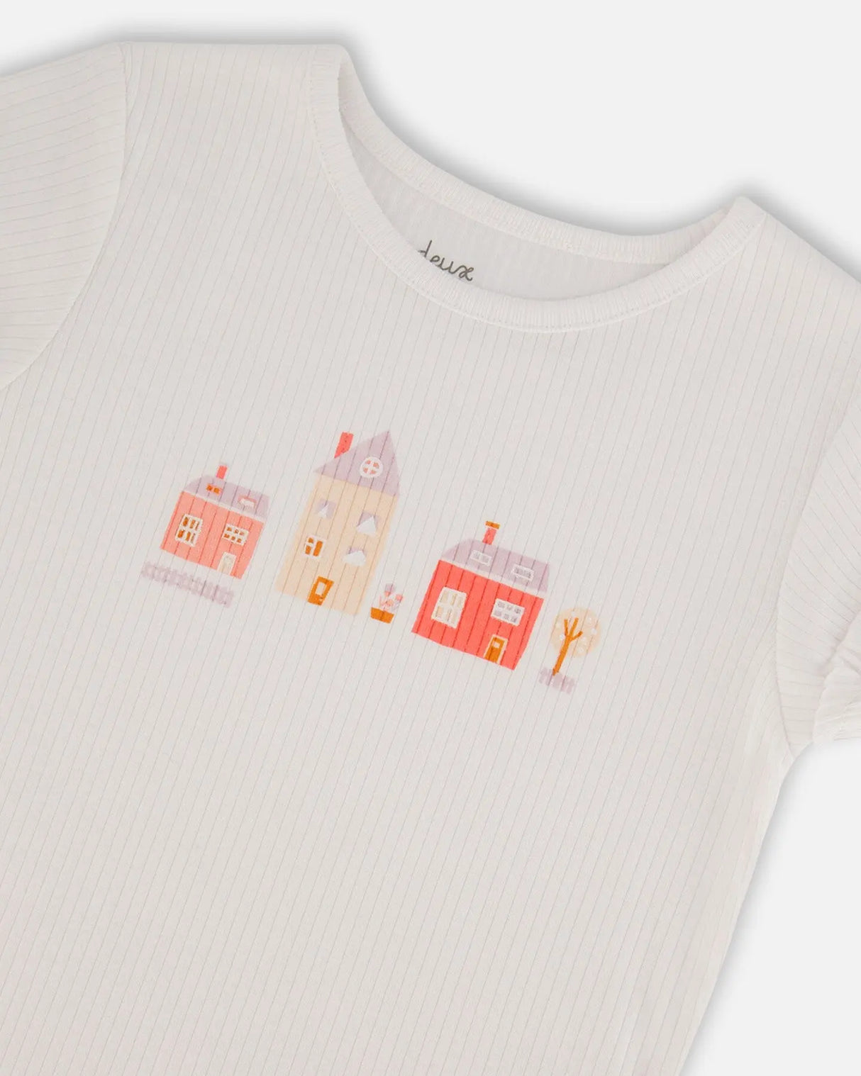 Flat Back Rib Top With Print White And Pink House | Deux par Deux | Jenni Kidz