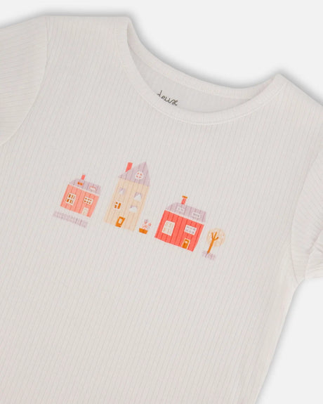 Flat Back Rib Top With Print White And Pink House | Deux par Deux | Jenni Kidz