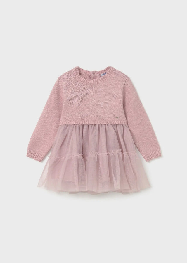Flat lay front view of Mayoral baby knit and tulle dress