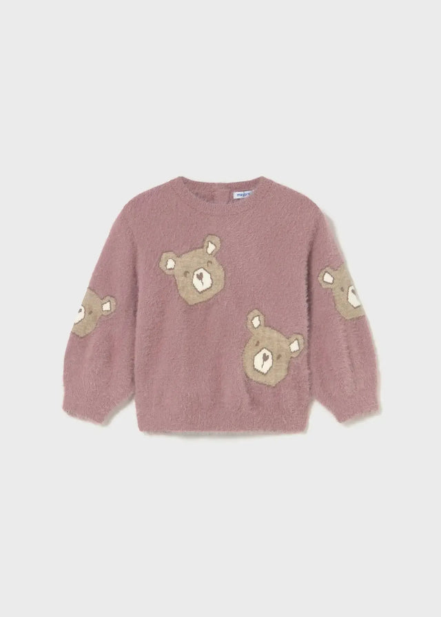 Flat lay front view of Mayoral baby sweater with bear fur detail