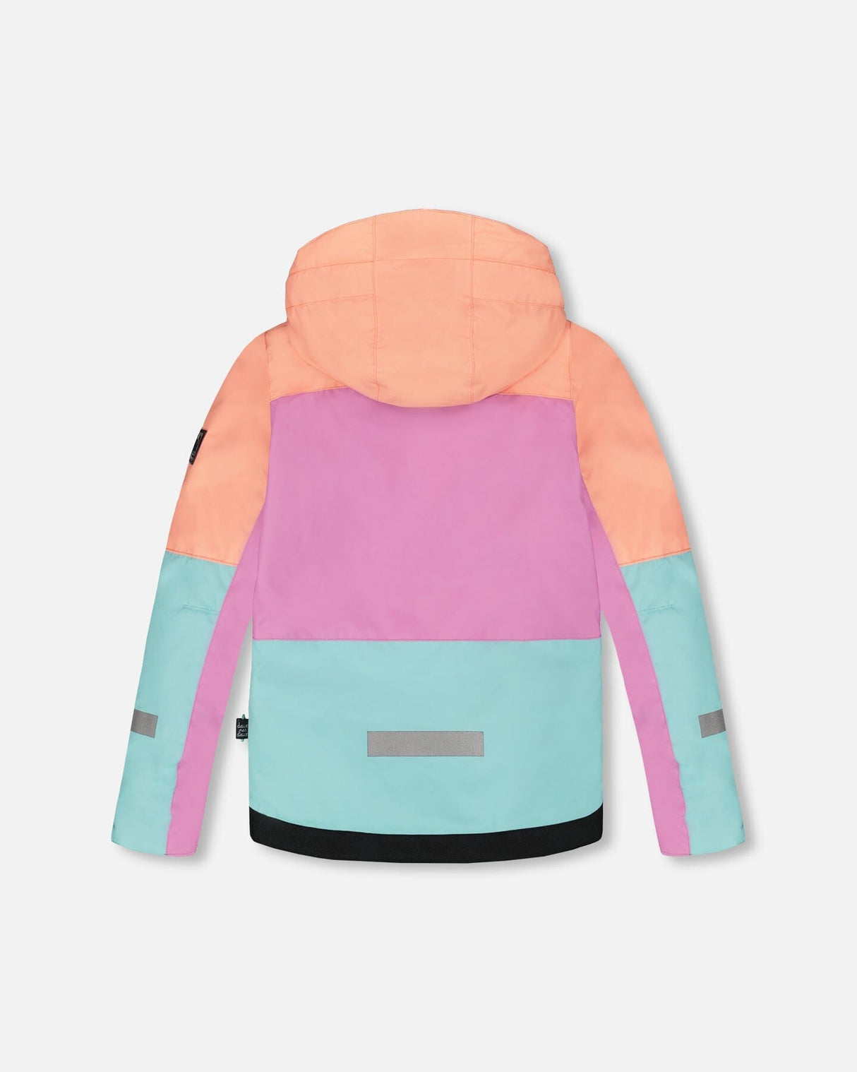 Flat lay of colorblocked jacket — back view with detachable, helmet-friendly hood