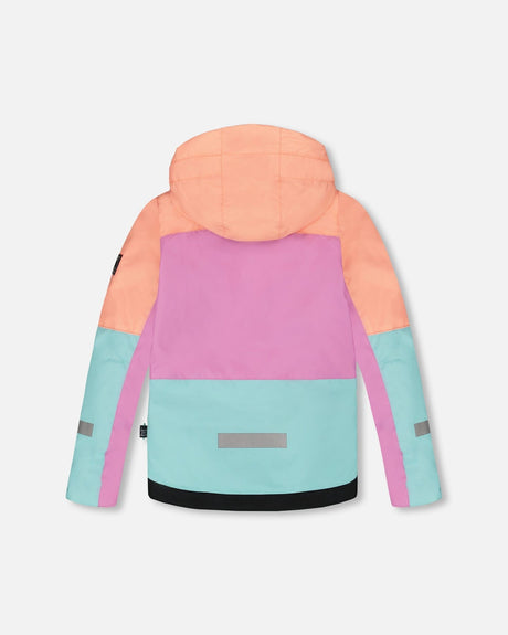 Flat lay of colorblocked jacket — back view with detachable, helmet-friendly hood