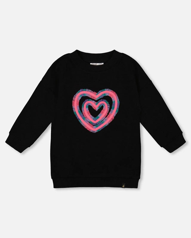Fleece Jacquard Tunic Black With Heart Applique | Deux par Deux | Jenni Kidz