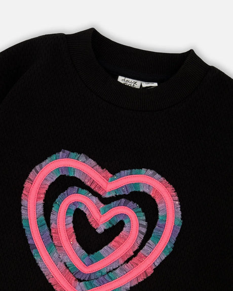 Fleece Jacquard Tunic Black With Heart Applique | Deux par Deux | Jenni Kidz