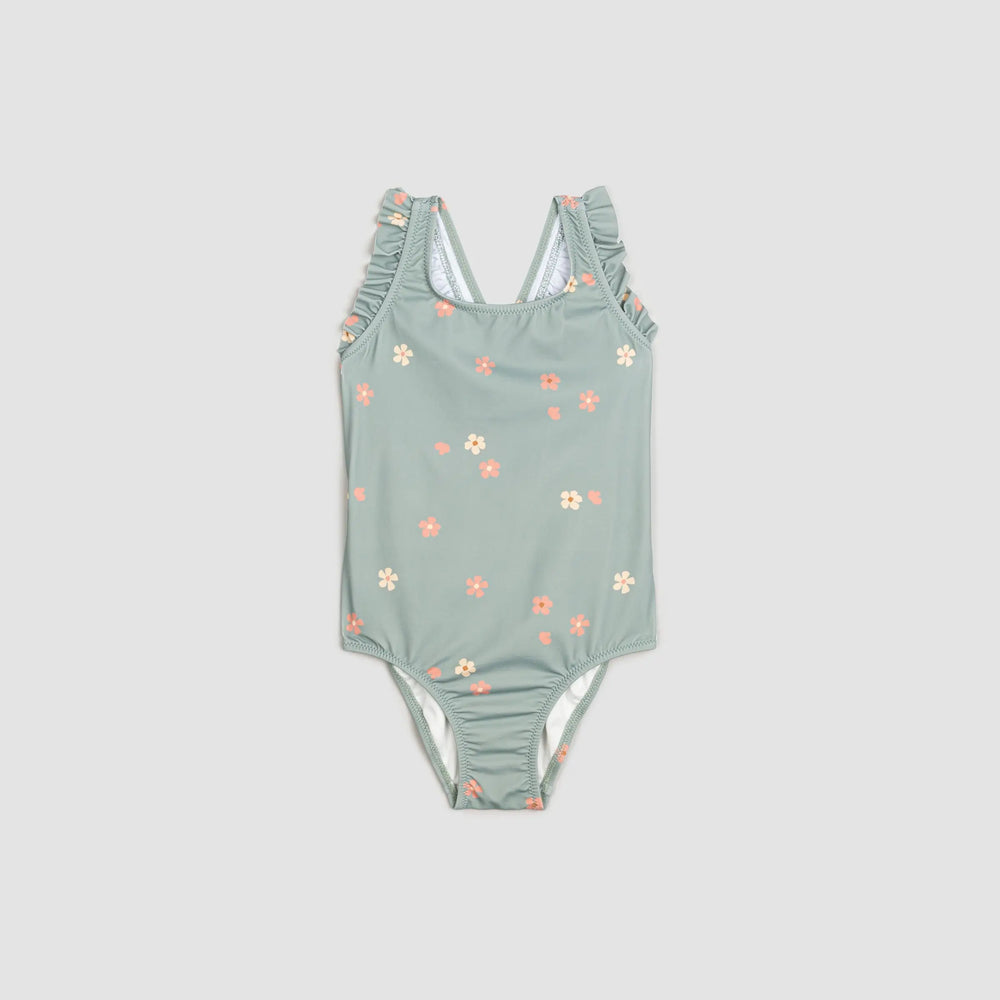 Floral Print on Dusty Green One-Piece Baby & Toddler Girls Swimsuit | Petit Lem | Miles The Label | Jenni Kidz