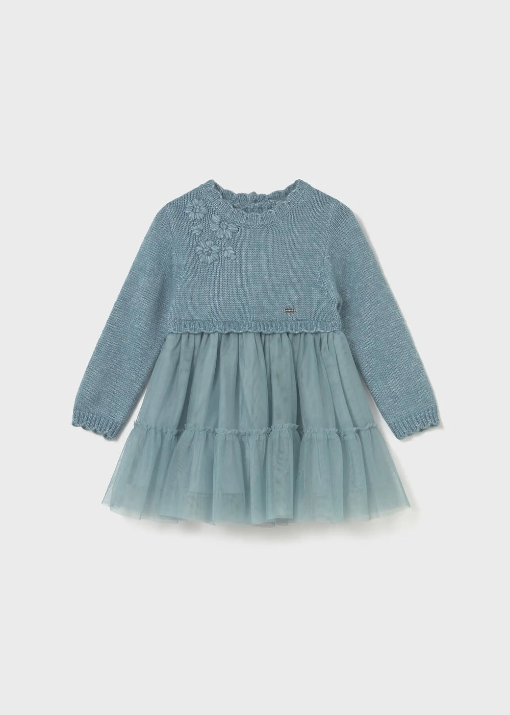 Front flat lay of Mayoral baby knit and tulle dress in soft blue-green with waved collar