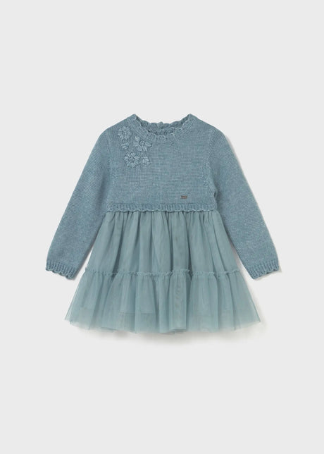 Front flat lay of Mayoral baby knit and tulle dress in soft blue-green with waved collar