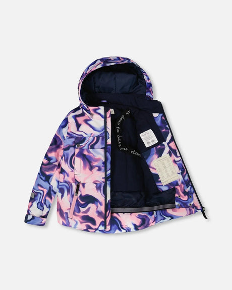 Front view of Teknik waterproof insulated jacket – pink & blue marble print