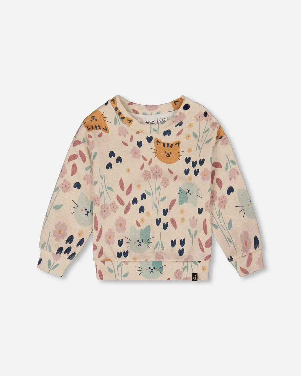 Glittering French Terry Sweatshirt Beige Cat Print | Deux par Deux | Jenni Kidz