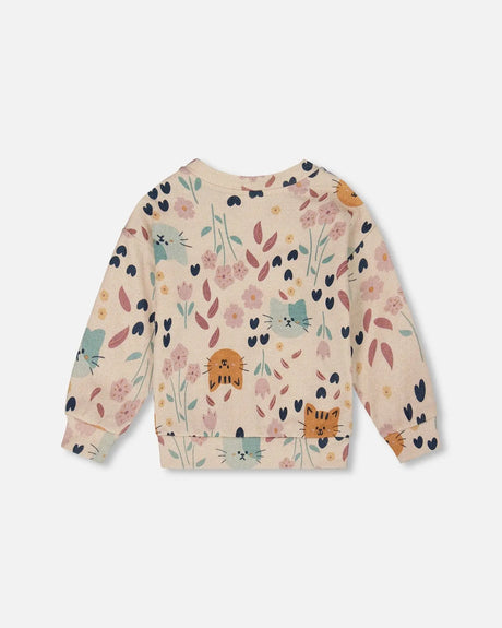 Glittering French Terry Sweatshirt Beige Cat Print | Deux par Deux | Jenni Kidz