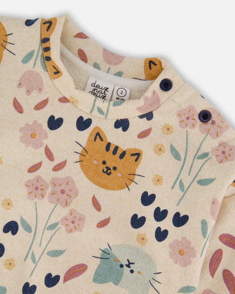 Glittering French Terry Sweatshirt Beige Cat Print | Deux par Deux | Jenni Kidz