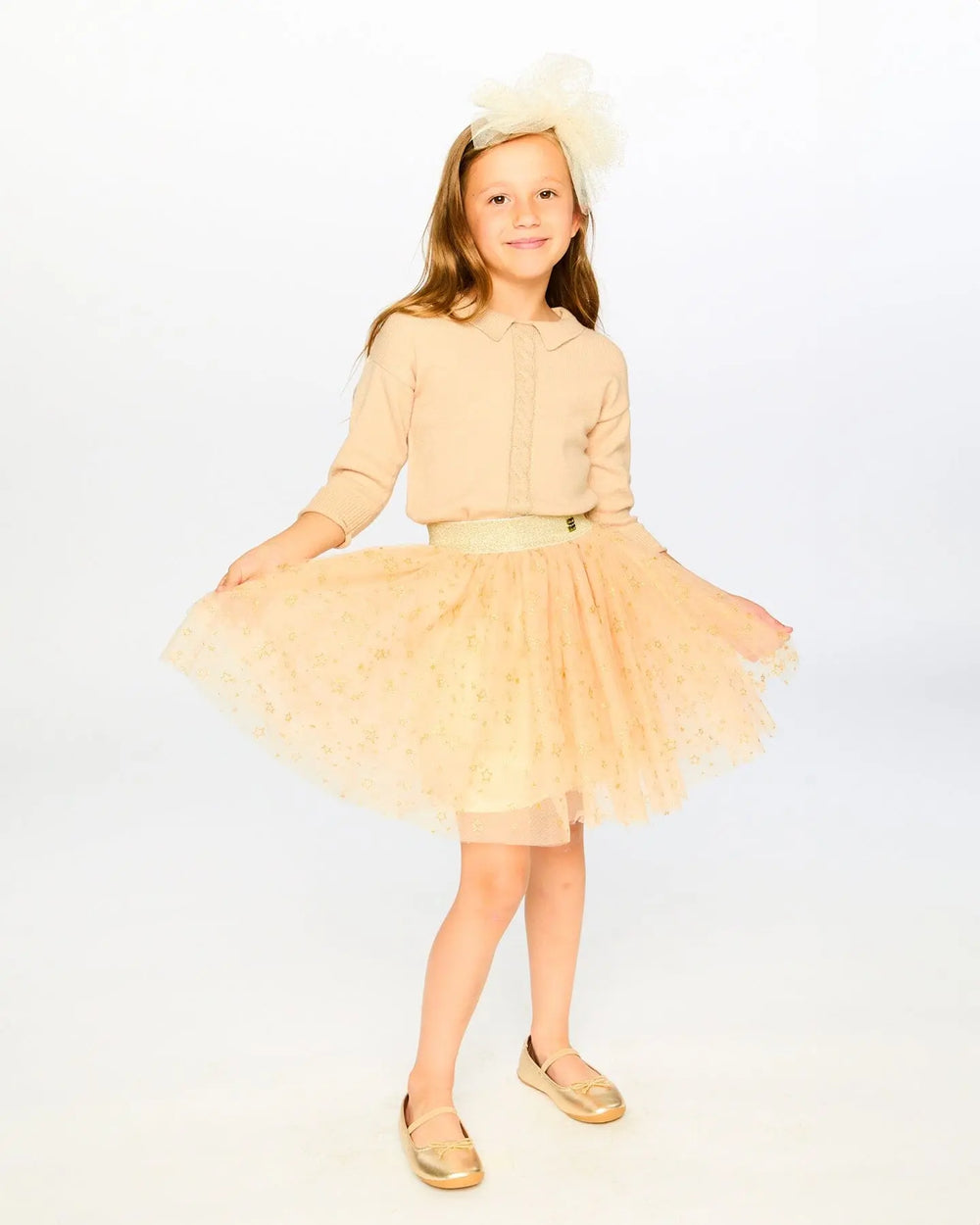 Glittering Mesh Skirt Party Dress Beige | Deux par Deux | Jenni Kidz