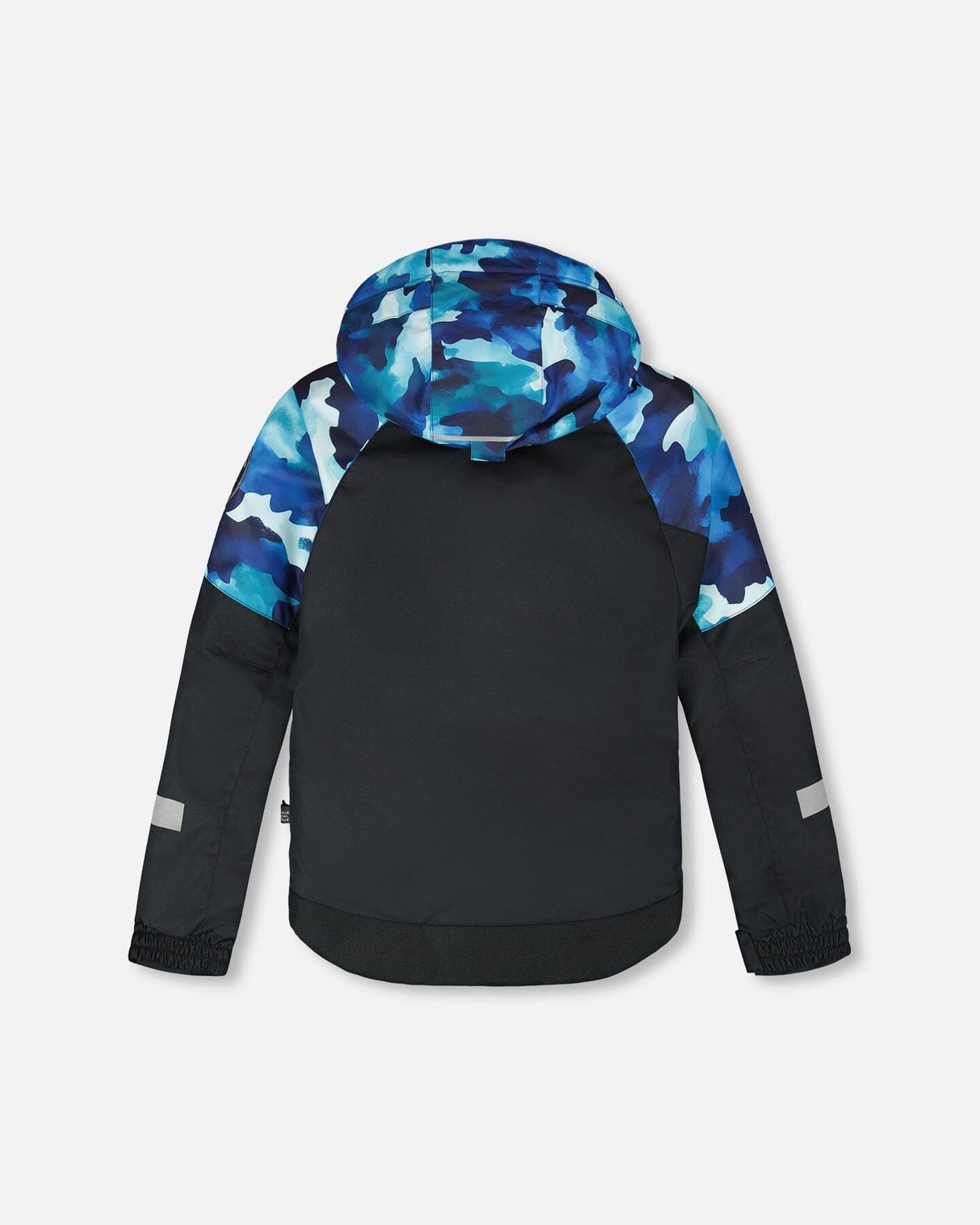 Back view of jacket and snow pants set with detachable hood and snow skirt, teal/blue camo.