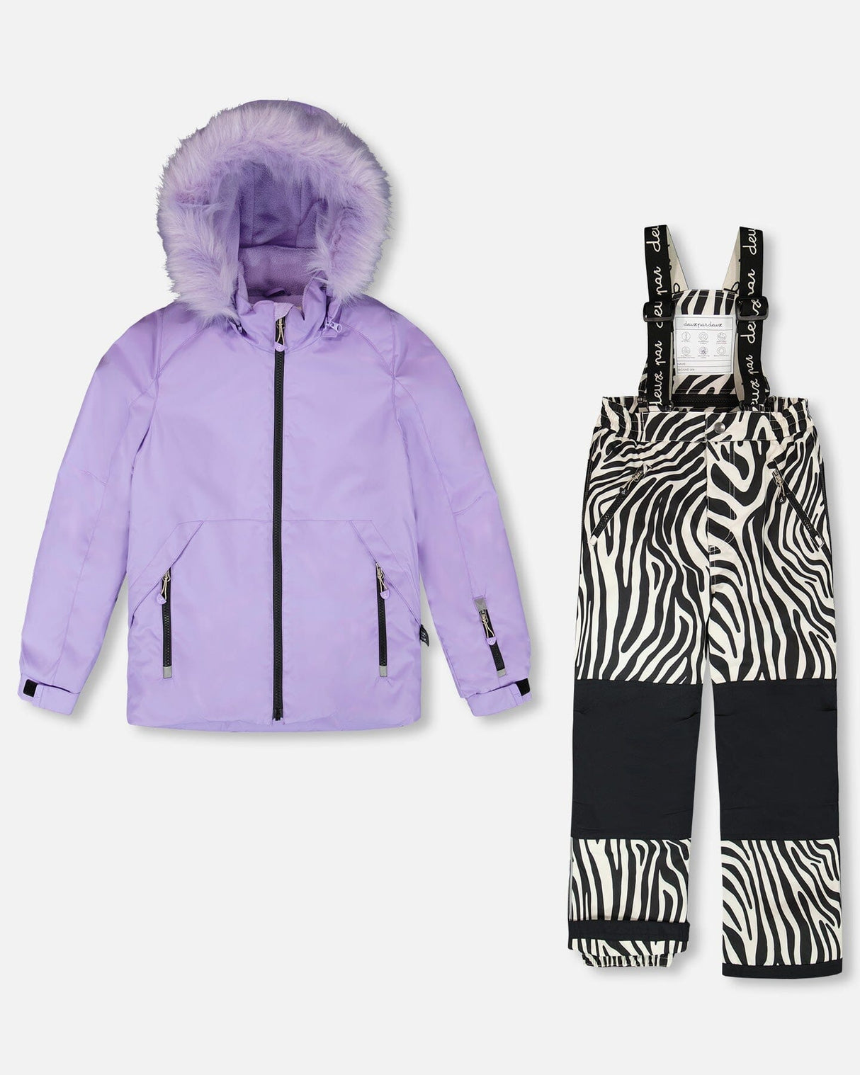 Girls lavender jacket with zebra bib snow pants, winter girls ski suit, sizes 2–14