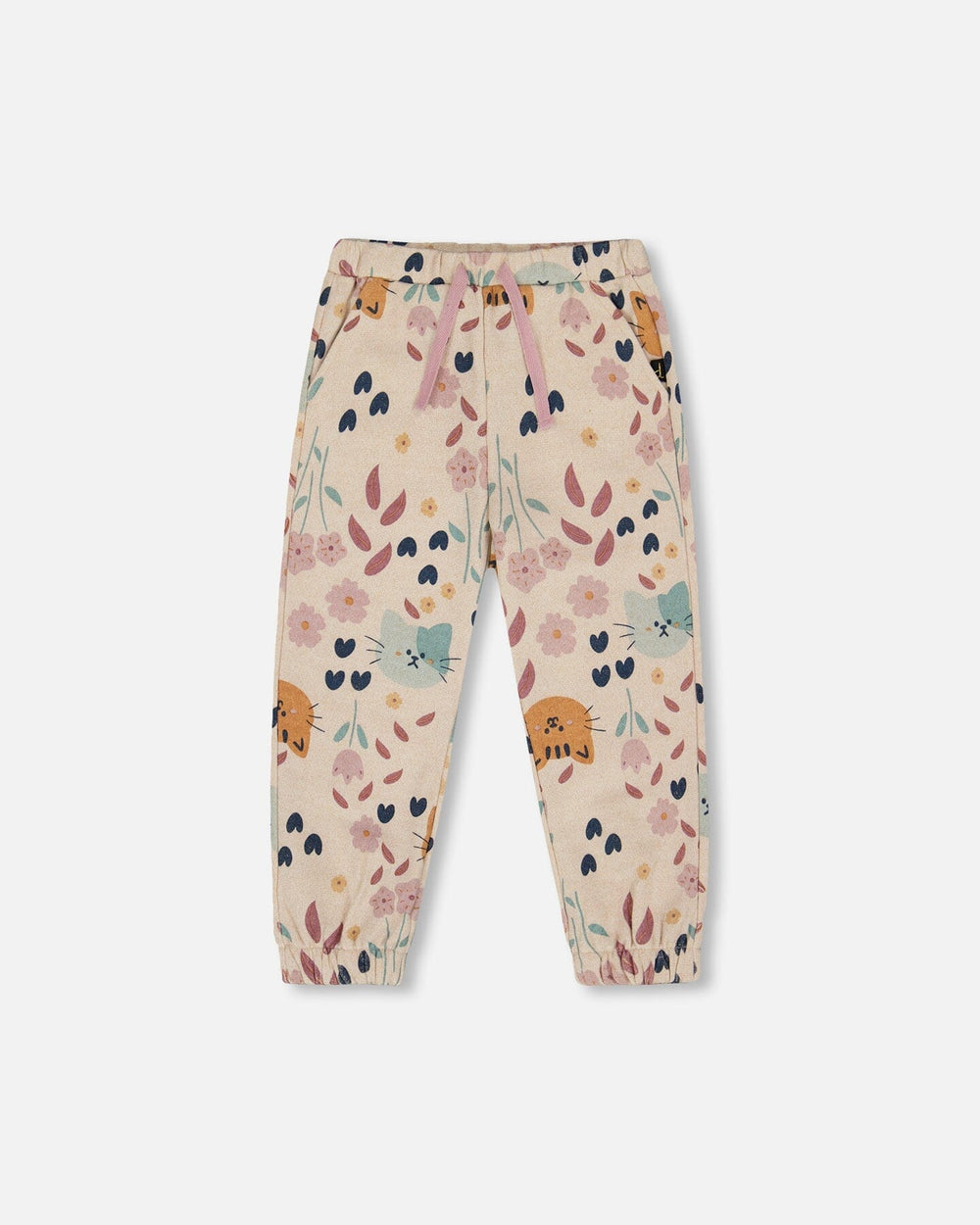 Glittering French Terry Sweatpant Beige Cat Print-0