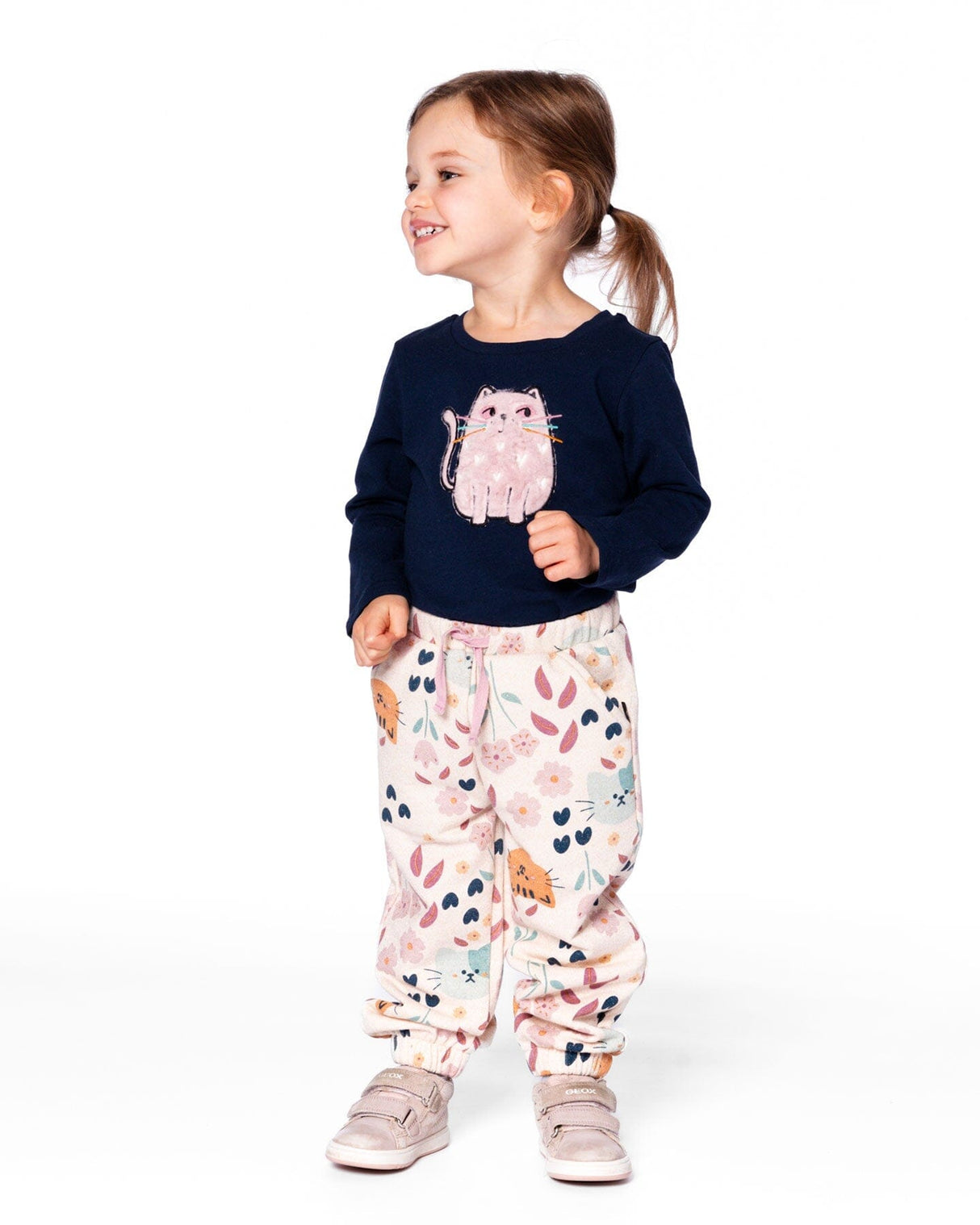 Glittering French Terry Sweatpant Beige Cat Print-2