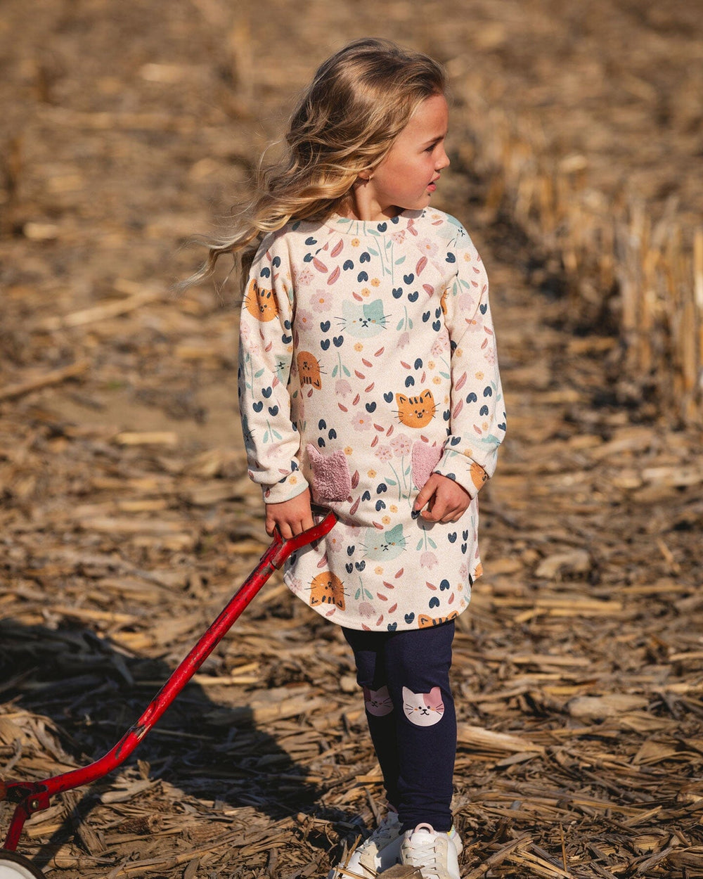 Glittering French Terry Dress Beige Printed Cat-1