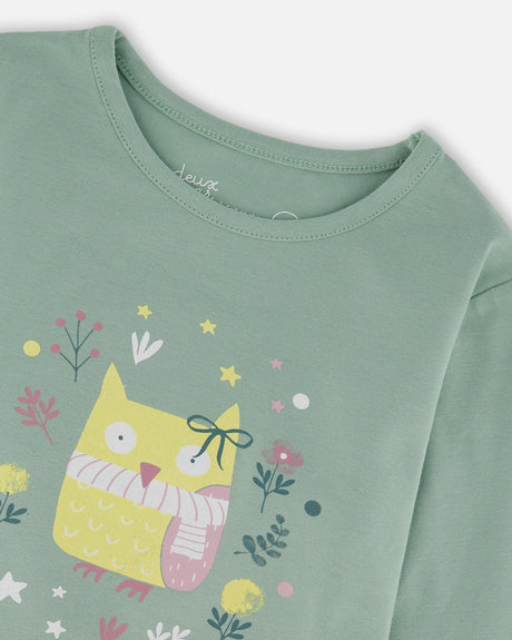 Organic Cotton Jersey Top Jade Green With Owl-2