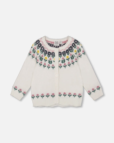 Jacquard Knit Cardigan Off-White With Floral Pattern-0
