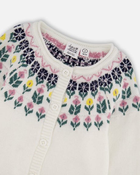 Jacquard Knit Cardigan Off-White With Floral Pattern-3