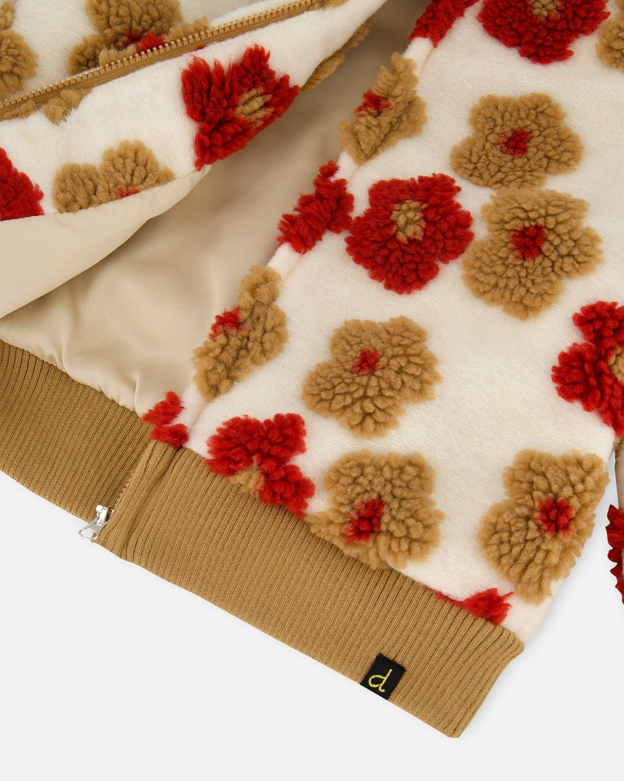 Full Zip Sherpa Jacket With Jacquard Floral Pattern Beige And Red-4