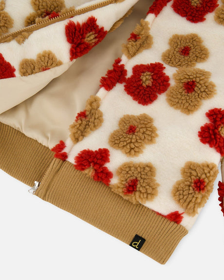 Full Zip Sherpa Jacket With Jacquard Floral Pattern Beige And Red-4