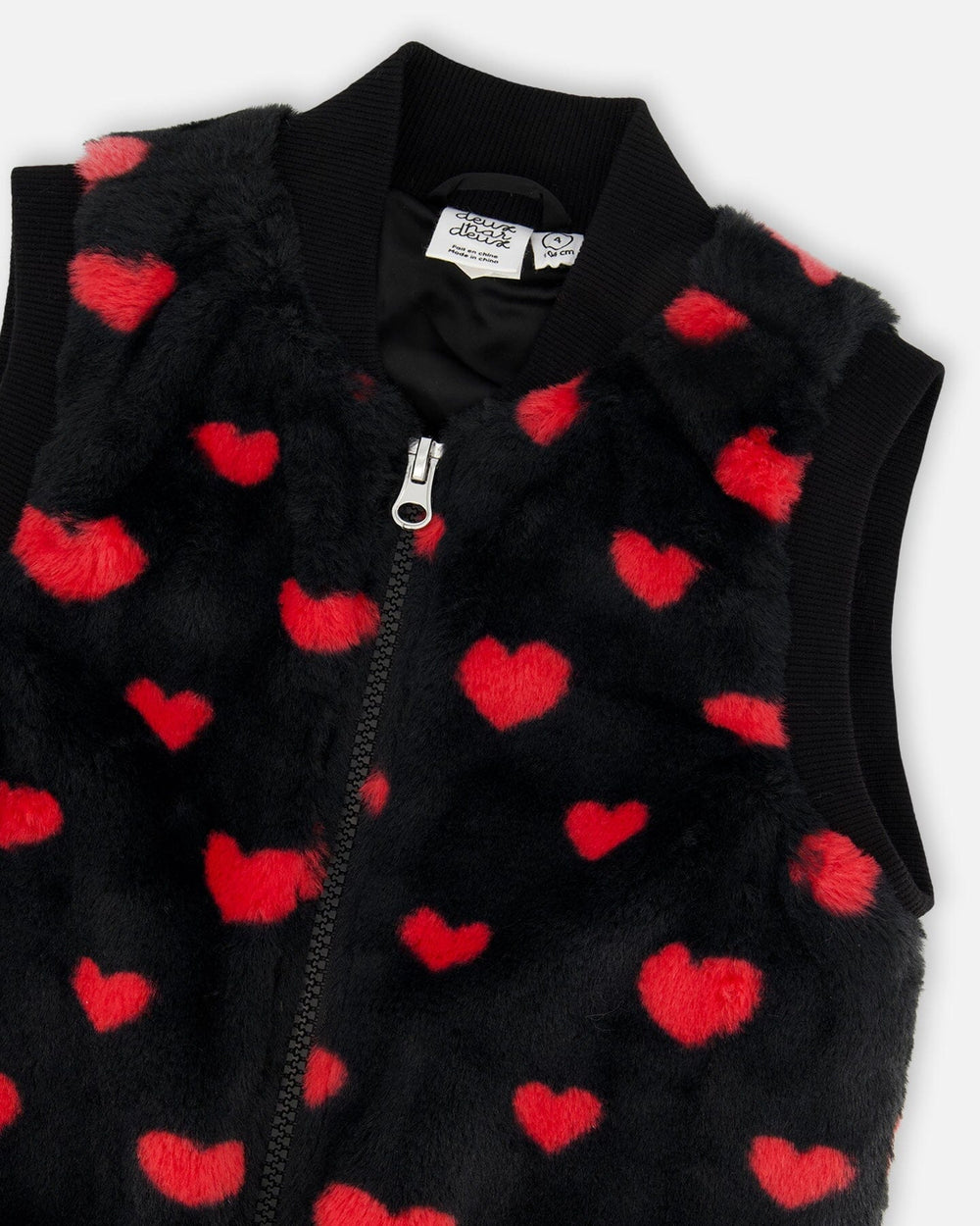 Faux Fur Sleeveless Vest Black And Red With Hearts-4