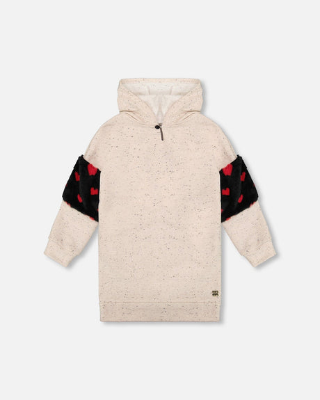 Hooded Glittering French Terry Dress Beige With Heart Bag-0