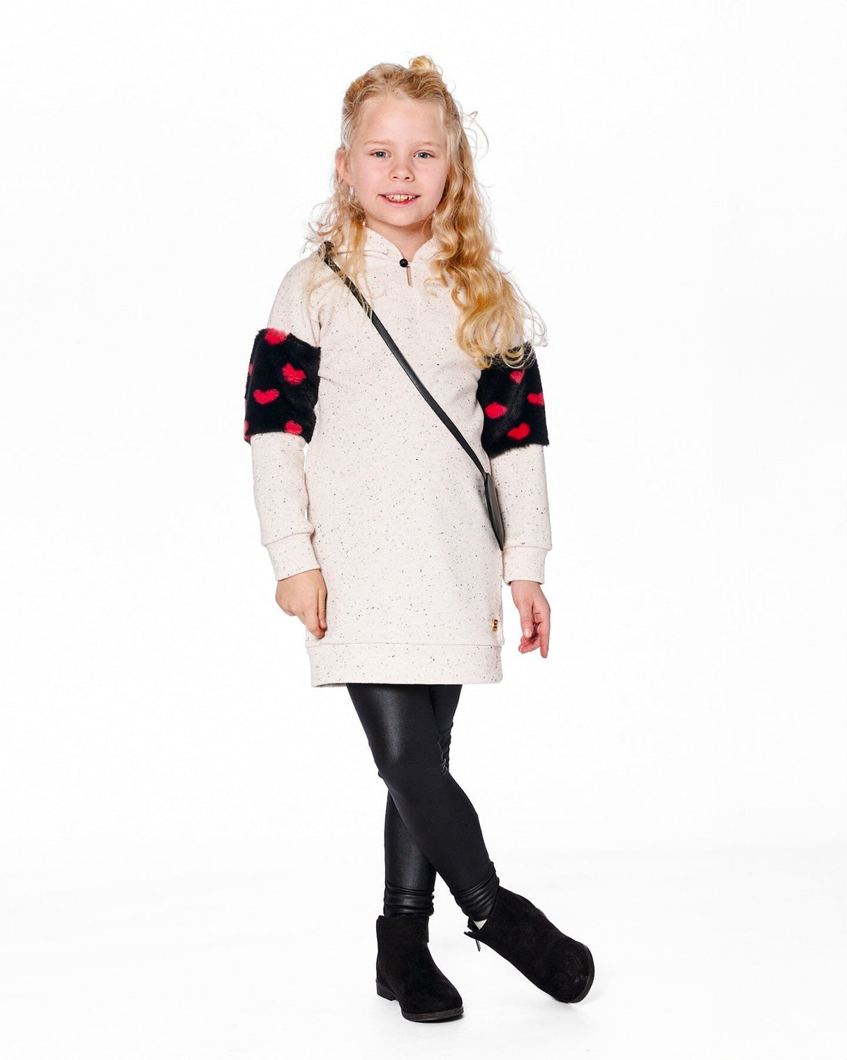 Hooded Glittering French Terry Dress Beige With Heart Bag-1