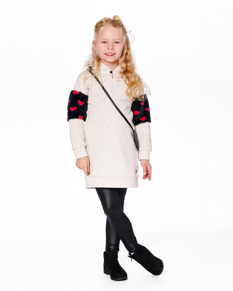 Hooded Glittering French Terry Dress Beige With Heart Bag-1