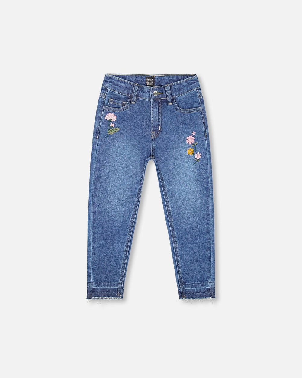 Jeans Blue Denim With Frayed Hems And Floral Embroideries-0