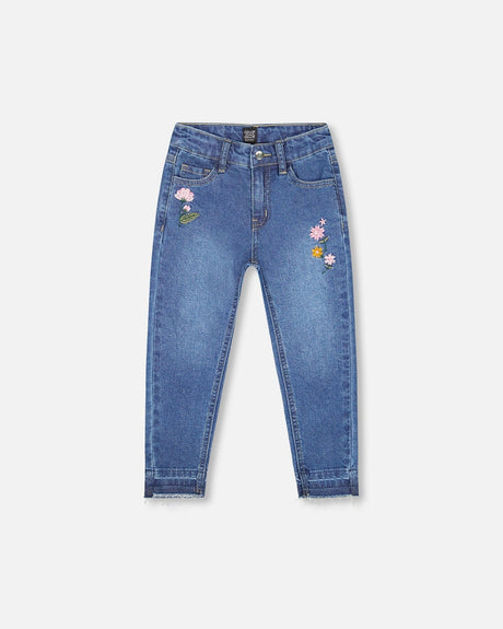 Jeans Blue Denim With Frayed Hems And Floral Embroideries-0