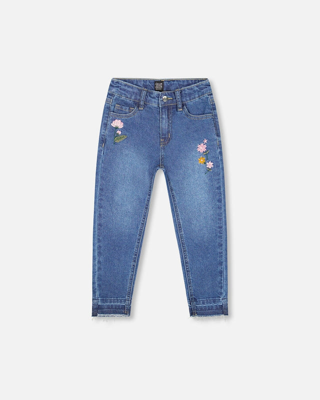 Jeans Blue Denim With Frayed Hems And Floral Embroideries-0