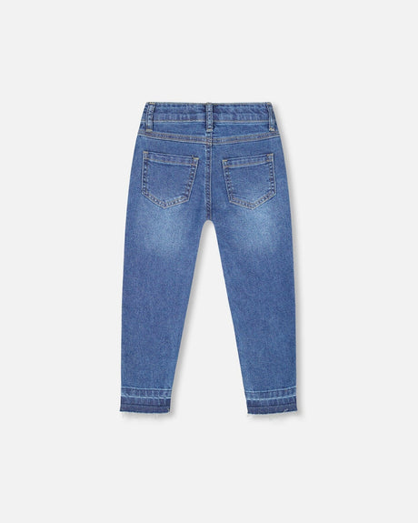 Jeans Blue Denim With Frayed Hems And Floral Embroideries-3