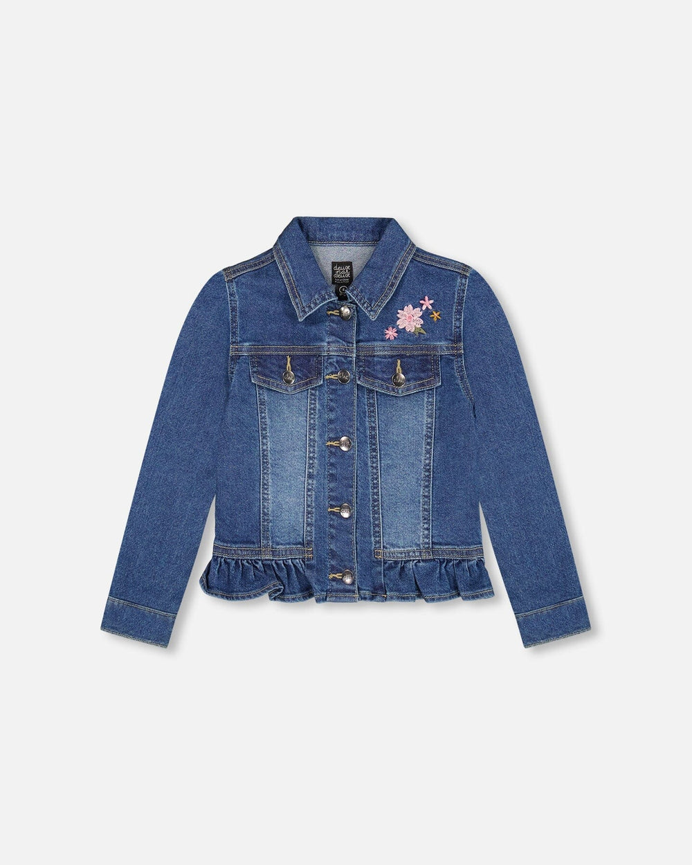 Denim Jacket Blue With Ruffle Hem And Floral Embroidery-0