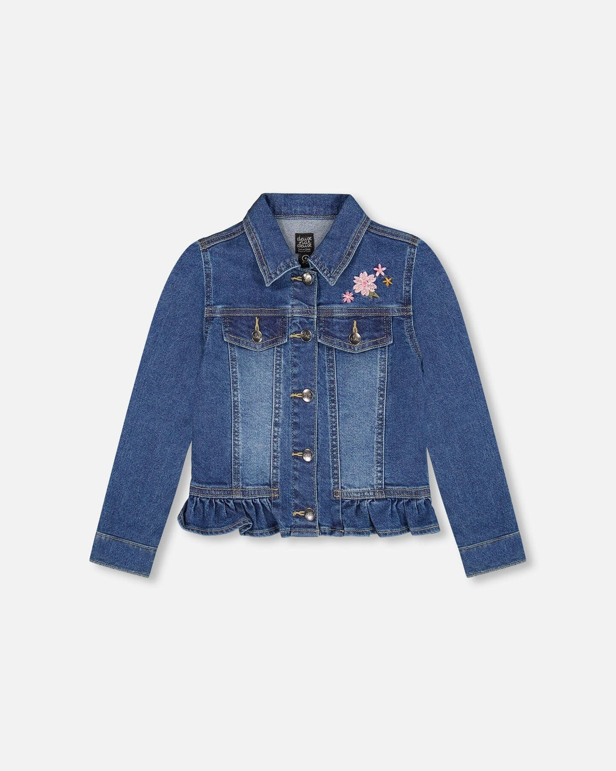 Denim Jacket Blue With Ruffle Hem And Floral Embroidery-0