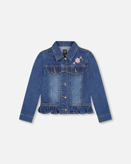 Denim Jacket Blue With Ruffle Hem And Floral Embroidery-0
