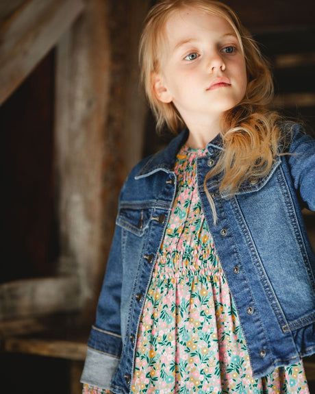 Denim Jacket Blue With Ruffle Hem And Floral Embroidery-1