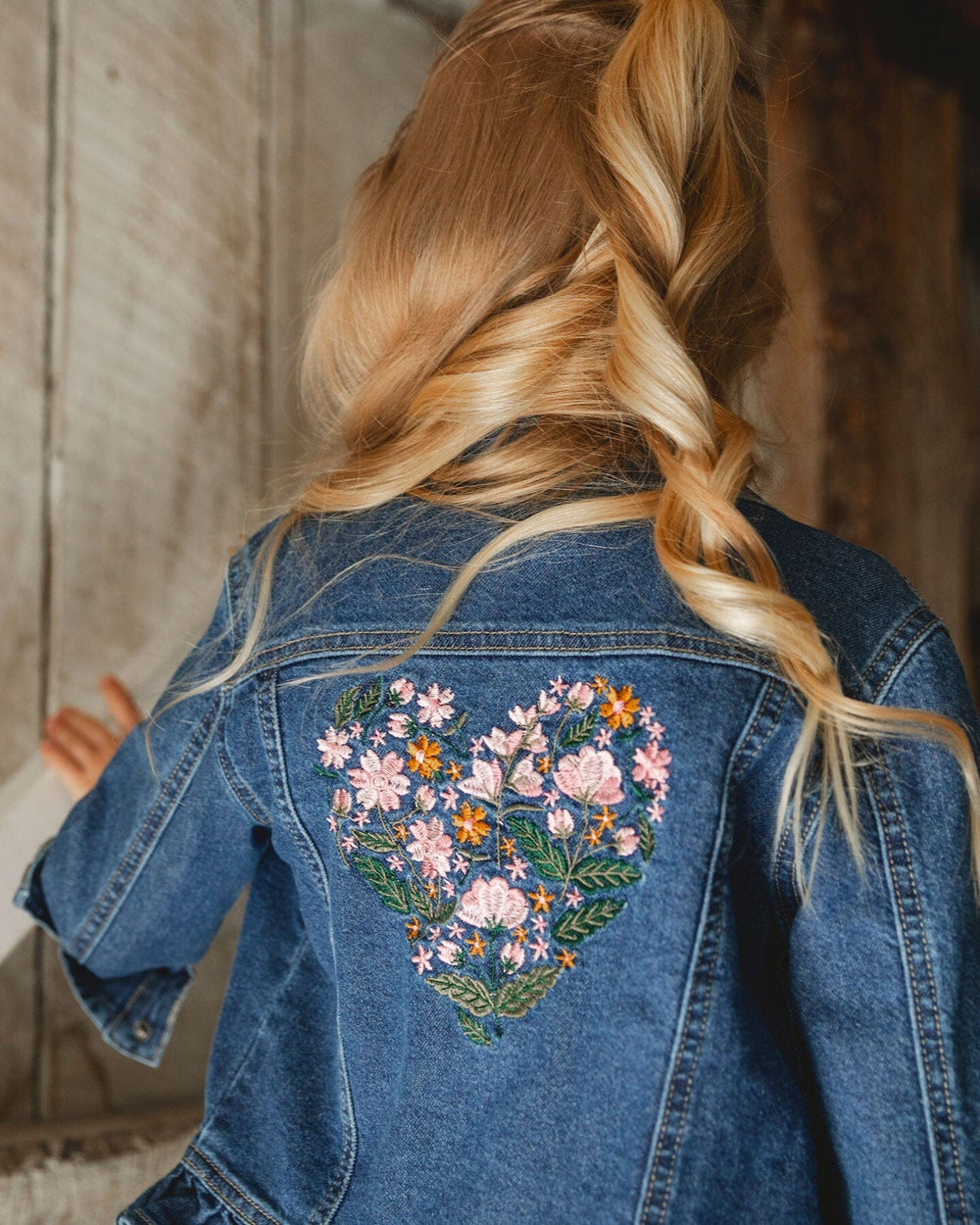 Denim Jacket Blue With Ruffle Hem And Floral Embroidery-2