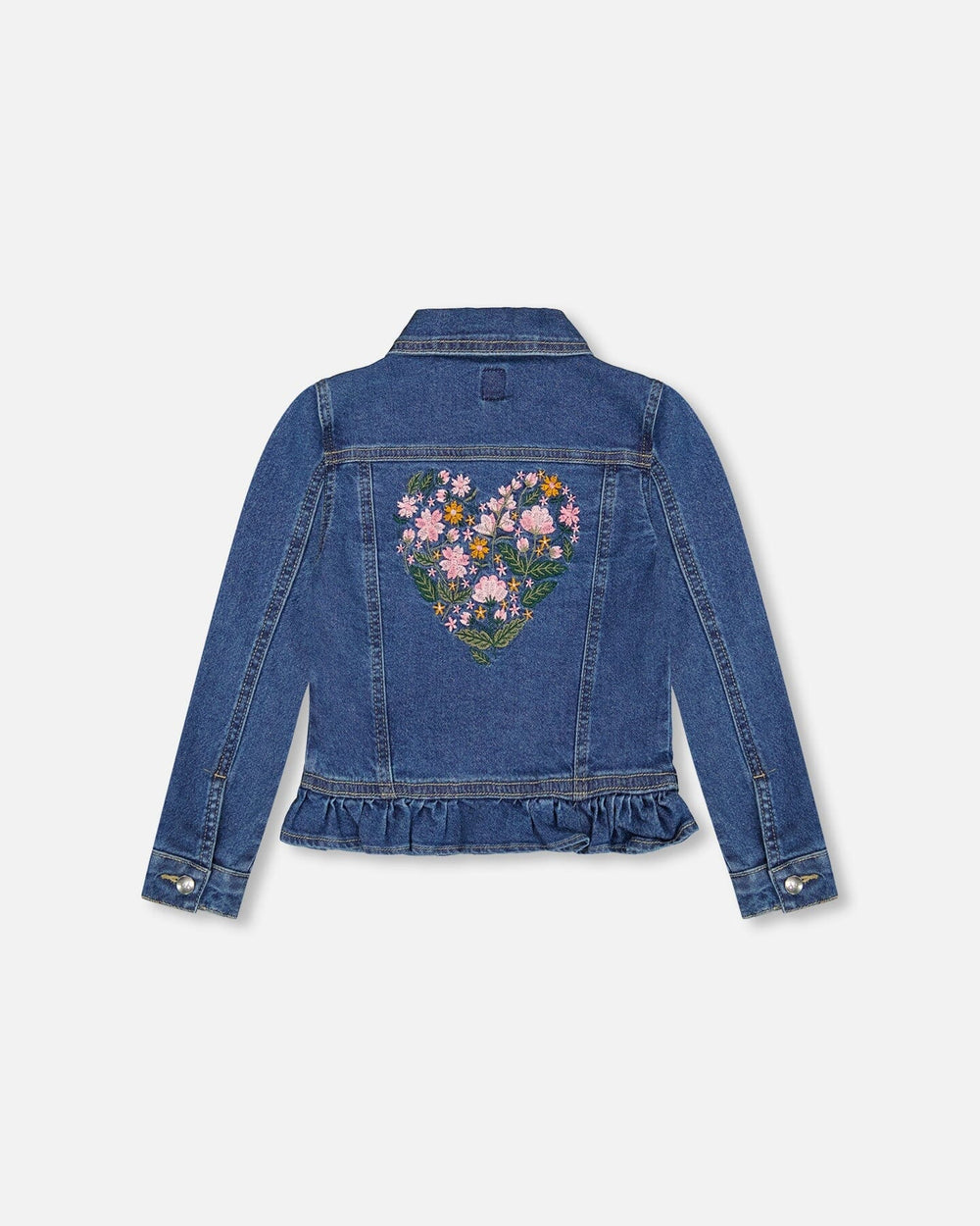 Denim Jacket Blue With Ruffle Hem And Floral Embroidery-4