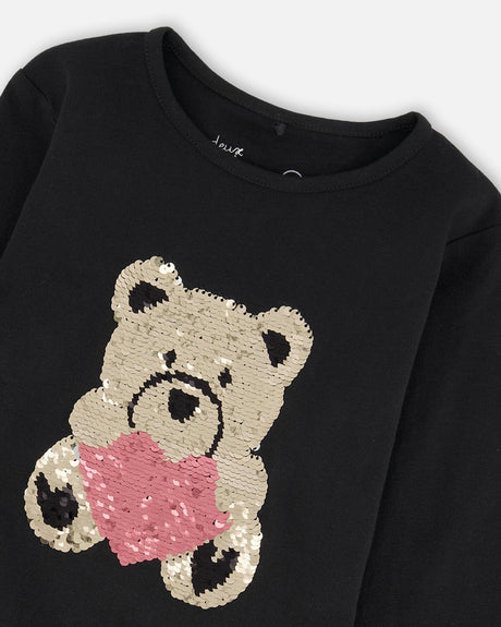 Black Organic Cotton T-Shirt With Reversible Sequin Teddy Bear-3