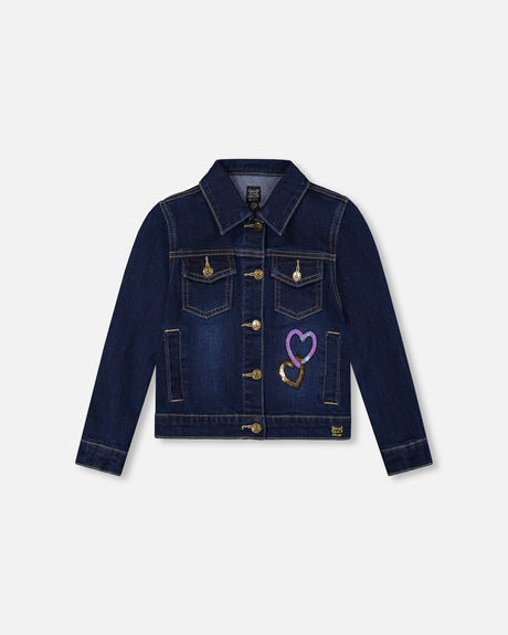 Stretch Denim Jacket Dark Blue With Glittery Hearts And Unicorn-0