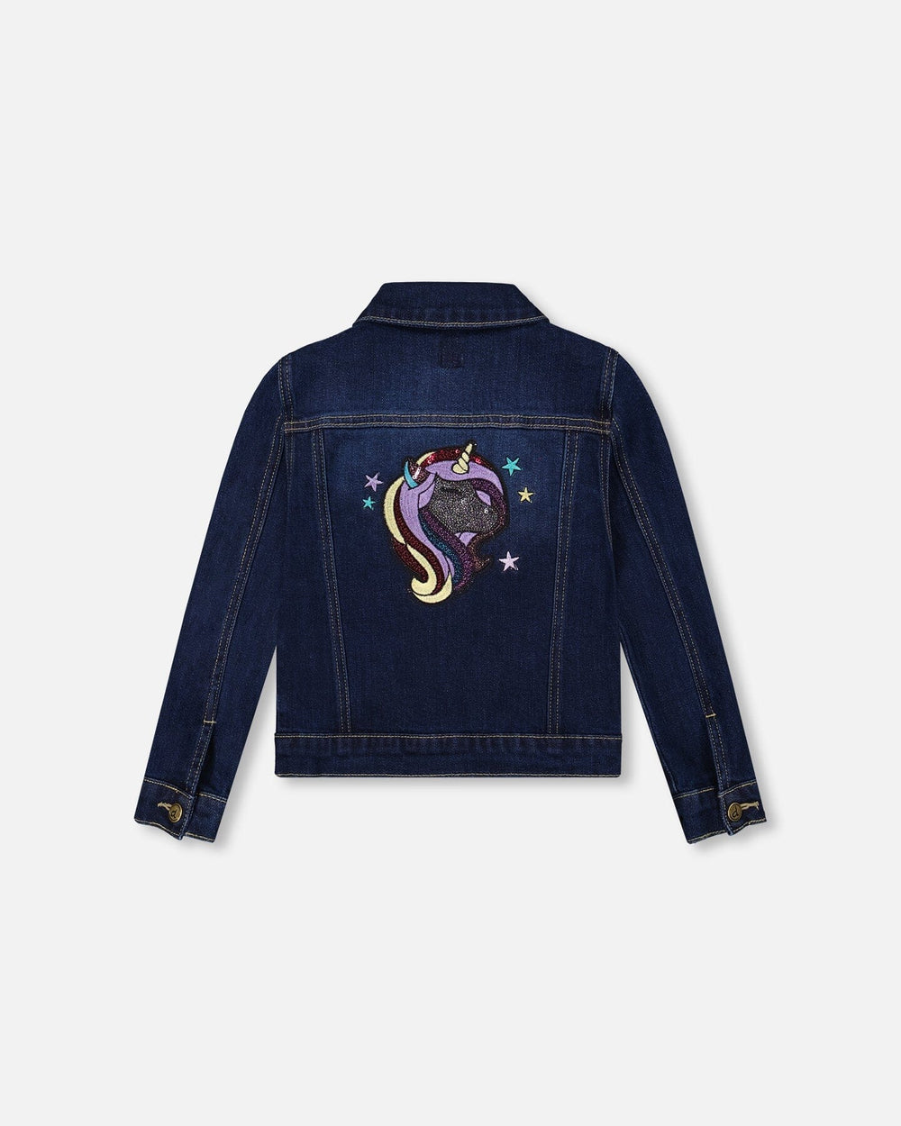 Stretch Denim Jacket Dark Blue With Glittery Hearts And Unicorn-2