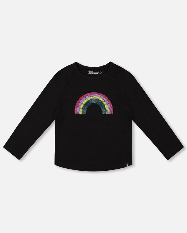 Organic Cotton Long Sleeve T-Shirt Black With Sequin Rainbow-0