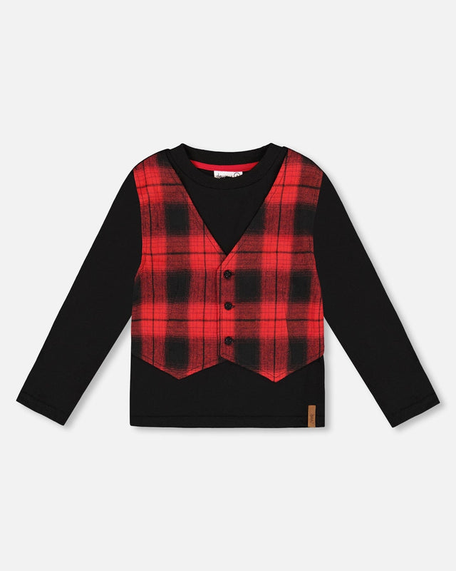 T-Shirt With Plaid Vest Red And Black-0