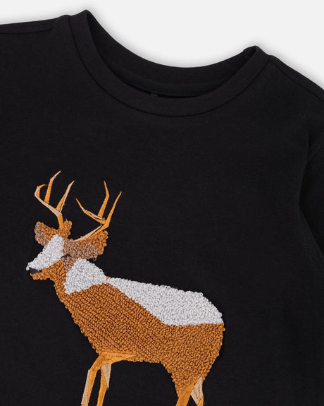Organic Cotton T-Shirt Black With Boucle Deer Applique-3