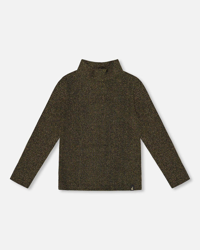 Shiny Rib Mock Neck Top Black And Gold-0