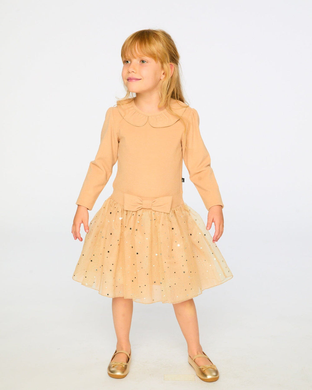 Bi-Material Dress With Glittering Skirt Beige-1